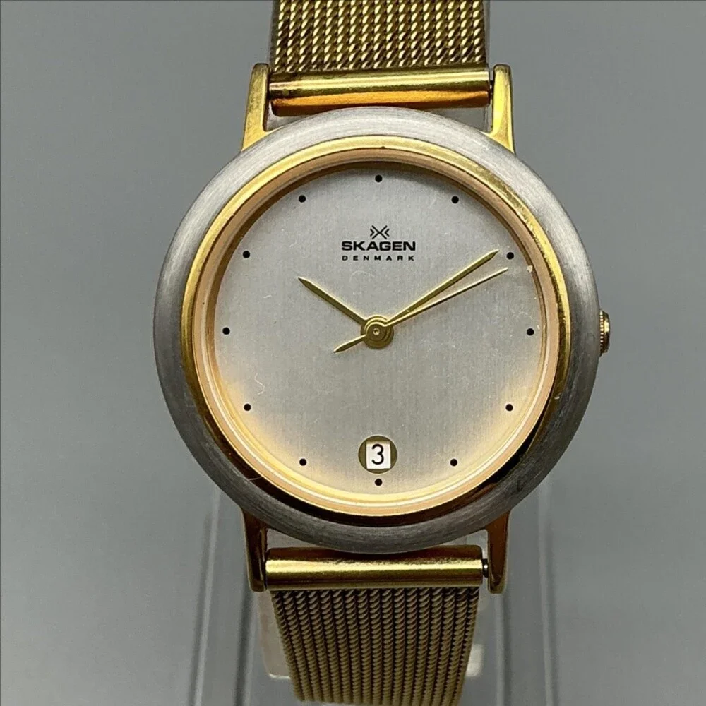 Skagen 16SGS Womens Watch 28mm Silver Gold Tone Mesh Band Date New Battery